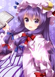 Rule 34 | 1girl, blue bow, blue ribbon, blush, book, bow, commentary, dress, hair bow, hat, hat ribbon, highres, holding, holding book, light, long hair, looking at viewer, mob cap, one-hour drawing challenge, open book, open hand, open mouth, patchouli knowledge, purple background, purple eyes, purple hair, red bow, red ribbon, ribbon, robe, ruu (tksymkw), smile, solo, striped clothes, striped dress, touhou, very long hair, wide sleeves