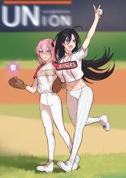 Rule 34 | 2girls, :d, ahoge, arm up, ball, baseball, baseball glove, black bow, black hair, blue eyes, blurry, blurry background, blush, bow, breasts, closers, collarbone, commentary request, copyright name, crop top, day, depth of field, dress shirt, fang, floating hair, flying sweatdrops, grass, hair between eyes, hair bow, hair ornament, hairclip, highres, holding, holding ball, ia (ias1010), long hair, medium breasts, midriff, multiple girls, navel, one side up, open mouth, outdoors, pants, seulbi lee, shirt, shoes, short sleeves, small breasts, smile, sneakers, standing, standing on one leg, striped clothes, striped pants, sweat, v, vertical-striped clothes, vertical-striped pants, very long hair, white footwear, white pants, white shirt, yuri seo