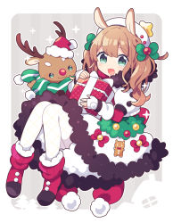 Rule 34 | 1girl, :d, animal ears, back bow, beret, blush, boots, bow, braid, brown hair, christmas, dress, fingerless gloves, fur collar, fur trim, gift, gloves, green eyes, hair bow, hat, holding, holding gift, knees together feet apart, knees up, koguma105, layered sleeves, long hair, looking at viewer, open mouth, original, patterned legwear, pom pom (clothes), reindeer, santa hat, scarf, short sleeves, smile, solo, star (symbol), star ornament, twintails
