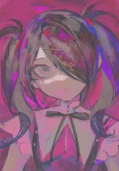 Rule 34 | 1girl, ame-chan (needy girl overdose), black hair, black ribbon, expressionless, hair ornament, hair over one eye, highres, kokemozuku, long hair, looking at viewer, neck ribbon, needy girl overdose, pink background, pink eyes, ribbon, short sleeves, sketch, solo, suspenders, twintails, upper body, x hair ornament