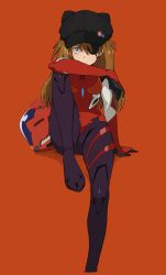 Rule 34 | 10s, 1girl, :|, animal ears, animal hat, arm rest, arm support, ass, badge, bags under eyes, black hat, blue eyes, bodysuit, breasts, brown hair, button badge, cabbie hat, closed mouth, covered navel, curvy, evangelion: 3.0 you can (not) redo, eyepatch, fake animal ears, gloves, hair between eyes, hat, hat ornament, helmet, highres, hip focus, impossible bodysuit, impossible clothes, kei (soundcross), knee up, long hair, looking at viewer, neon genesis evangelion, pilot suit, plugsuit, rebuild of evangelion, red background, simple background, sitting, skull print, small breasts, solo, souryuu asuka langley, two side up, unworn headwear, unworn helmet, wide hips