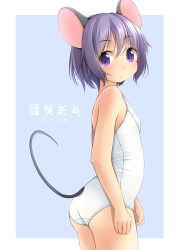 Rule 34 | 1girl, 2020, animal ears, ass, bare arms, bare shoulders, blue background, blush, chinese zodiac, closed mouth, commentary request, cowboy shot, derivative work, hair between eyes, highres, looking at viewer, looking back, mouse ears, mouse girl, mouse tail, nengajou, new year, one-piece swimsuit, original, purple eyes, purple hair, school swimsuit, shibacha, solo, swimsuit, tail, thighs, two-tone background, white background, white one-piece swimsuit, year of the rat