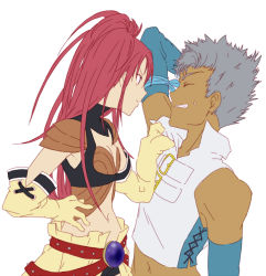 Rule 34 | 1boy, 1girl, bare shoulders, belt, breasts, cleavage, dark skin, elbow gloves, closed eyes, gloves, grey hair, long hair, loni dunamis, midriff, nanaly fletch, navel, open mouth, purple eyes, red hair, short hair, short shorts, shorts, tales of (series), tales of destiny 2, twintails