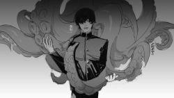 Rule 34 | 1boy, black hair, black jacket, chainsaw man, dark background, earrings, gakuran, grey background, greyscale, hair over one eye, highres, jacket, jewelry, looking at viewer, mole, mole under mouth, monochrome, multiple earrings, octopus, octopus devil (chainsaw man), school uniform, short hair, simple background, solo focus, tentacles, tsshsyt, white background, yoshida hirofumi