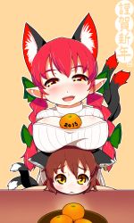 Rule 34 | 2girls, alternate costume, animal ears, blush, braid, breast rest, breasts, breasts on head, brown hair, cat ears, cat tail, chen, cleavage, cleavage cutout, clothing cutout, extra ears, food, fruit, highres, jewelry, kaenbyou rin, large breasts, long hair, looking at viewer, mandarin orange, meme attire, multiple girls, multiple tails, nekomata, object on breast, open-chest sweater, open mouth, oppai mochi, pointy ears, red eyes, red hair, ribbed sweater, short hair, smile, sweater, tail, torque, touhou, turtleneck, twin braids, yellow eyes