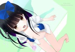 Rule 34 | barefoot, black hair, bow, breasts, brown eyes, from above, highres, long hair, looking up, navel, no bra, no pants, open clothes, open mouth, open shirt, panties, pink panties, ribbon, shirt, small breasts, smile, solo, star sapphire, touhou, underwear, usagikoya, wings