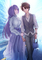 Rule 34 | 1boy, 1girl, absurdres, bag, blue eyes, breasts, brown hair, casual, commentary request, fate/grand order, fate (series), fujimaru ritsuka (male), fujimaru ritsuka (male) (anniversary blonde), grey pants, grey vest, handbag, highres, holding, holding another&#039;s wrist, holding bag, large breasts, long hair, long skirt, looking at another, official alternate costume, pants, purple hair, purple skirt, red eyes, scathach (fate), scathach skadi (fate), scathach skadi (under the same sky) (fate), shiro font, shirt, skirt, under the same sky, vest, watch, white shirt, wristwatch