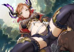 Rule 34 | 1girl, black thighhighs, blush, breasts, brown hair, cameltoe, cape, closed mouth, commentary request, covered erect nipples, day, dutch angle, forest, gloves, gran (granblue fantasy), granblue fantasy, green eyes, hair ornament, head wings, heart, high heels, large breasts, long hair, looking at viewer, midriff, mikurou (nayuta), nature, navel, outdoors, short shorts, shorts, sitting, smile, solo focus, spoken heart, spread legs, squatting, thighhighs, thighs, tweyen (granblue fantasy), white gloves, wings