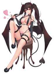 Rule 34 | 1girl, :d, absurdres, baeg mi, bare legs, bare shoulders, black bra, black choker, black footwear, black gloves, black panties, bra, breasts, choker, cleavage, clenched teeth, clothing cutout, collarbone, commentary request, commission, covered erect nipples, demon girl, demon horns, demon tail, demon wings, elbow gloves, full body, gloves, hair between eyes, heart, heart cutout, heart o-ring, high heels, highres, horns, knee up, leotard, long bangs, medium breasts, micro bra, navel, open mouth, original, panties, partially fingerless gloves, platform footwear, platform heels, pointy ears, pubic tattoo, red eyes, shiny skin, simple background, sitting, smile, solo, stool, tail, tattoo, teeth, thigh strap, thighs, twintails, underwear, white background, wings