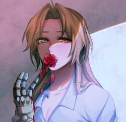 Rule 34 | 1boy, aiphelix, blonde hair, collared shirt, edward elric, flower, flower in mouth, fullmetal alchemist, highres, long hair, male focus, mechanical arms, mouth hold, petals, prosthesis, red flower, shirt, simple background, single mechanical arm, white shirt, yellow eyes