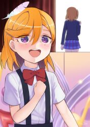 Rule 34 | 2girls, aged down, blue jacket, blue skirt, blush, bow, bowtie, clenched hand, collared shirt, commentary request, feathers, hair between eyes, in-franchise crossover, jacket, kosaka honoka, long sleeves, looking afar, love live!, love live! school idol project, love live! superstar!!, multiple girls, one side up, open mouth, orange hair, otonokizaka school uniform, plaid, plaid skirt, purple eyes, red bow, red bowtie, school uniform, shibuya kanon, shirt, short hair, short sleeves, skirt, solo focus, standing, suspenders, the-prinprince, upper body, white feathers, white shirt