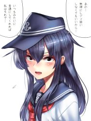Rule 34 | 10s, 1girl, akatsuki (kancolle), black hair, hat, kantai collection, long hair, looking at viewer, open mouth, school uniform, serafuku, solo, translation request, yapo (croquis side)