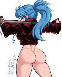 Rule 34 | 1girl, absurdres, artist name, ass, bandages, baseball bat, blue hair, blush, botan (yu yu hakusho), bottomless, breasts, carrying over shoulder, dimples of venus, feet out of frame, female focus, from behind, gloves, high ponytail, highres, legs, legs apart, long hair, looking back, lord guyis, medium breasts, no panties, over shoulder, pink eyes, simple background, solo, standing, thighs, white background, yuu yuu hakusho
