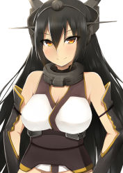 Rule 34 | 10s, 1girl, armor pillow, armpits, black hair, breasts, cleavage, collar, headgear, highres, kantai collection, long hair, looking at viewer, nagato (kancolle), personification, red eyes, smile, solo, soukou makura