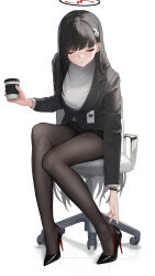 Rule 34 | 1girl, abab xiaxia, absurdres, adjusting footwear, black footwear, black hair, black jacket, black pantyhose, black skirt, black suit, blue archive, breasts, chair, closed eyes, coffee cup, cup, disposable cup, drink, eyelashes, facing viewer, formal, full body, hair behind ear, hair ornament, hairclip, halo, high heels, highres, holding, holding drink, id card, jacket, leaning forward, legs, long hair, medium breasts, miniskirt, office chair, on chair, pantyhose, patent heels, pinup (style), pumps, red soles, rio (blue archive), shirt, shoes, sidelocks, simple background, sitting, skirt, solo, stiletto heels, suit, swivel chair, thighs, white background, white shirt