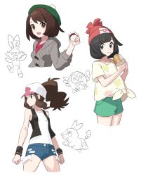 Rule 34 | 3girls, :d, bad link, baseball cap, black vest, black wristband, brown eyes, brown hair, buttons, cardigan, chorefuji, commentary request, creatures (company), eating, eyelashes, food, food on face, game freak, gen 5 pokemon, gen 7 pokemon, gen 8 pokemon, gloria (pokemon), green headwear, green shorts, grey cardigan, hat, high ponytail, highres, hilda (pokemon), holding, holding poke ball, looking at viewer, multiple girls, nintendo, open clothes, open mouth, open vest, partially colored, poke ball, poke ball (basic), pokemon, pokemon bw, pokemon sm, pokemon swsh, rowlet, scorbunny, selene (pokemon), shirt, short shorts, shorts, sidelocks, smile, t-shirt, tepig, tied shirt, vest, white shirt, yellow shirt