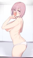 Rule 34 | 1girl, ass, blush, breasts, butt crack, cellphone, commentary, cowboy shot, enosan, fate/grand order, fate (series), from side, hair over one eye, highres, indoors, large breasts, looking at viewer, mash kyrielight, panties, phone, pink eyes, pink hair, reflection, revision, selfie, short hair, skindentation, smartphone, solo, sweatdrop, topless, underwear, underwear only, white panties