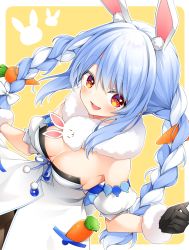 Rule 34 | 1girl, :d, animal ear fluff, animal ears, bad id, bad pixiv id, bare shoulders, black gloves, black leotard, black pantyhose, blue hair, blush, braid, breasts, carrot hair ornament, cleavage, coat, coat dress, detached sleeves, don-chan (usada pekora), dress, dutch angle, food-themed hair ornament, from above, fur-trimmed gloves, fur scarf, fur trim, gloves, hair ornament, highres, hikimayu, hololive, leotard, leotard under clothes, long hair, looking at viewer, medium breasts, multicolored hair, nekonoyuto, open mouth, orange eyes, pantyhose, puffy short sleeves, puffy sleeves, rabbit-shaped pupils, rabbit ears, rabbit girl, scarf, short eyebrows, short sleeves, smile, solo, strapless, strapless coat, strapless dress, strapless leotard, swept bangs, symbol-shaped pupils, thick eyebrows, twin braids, twintails, two-tone hair, usada pekora, usada pekora (1st costume), virtual youtuber, w arms, white coat, white hair, white scarf, white sleeves