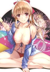 Rule 34 | 1girl, :p, absurdres, aerial fireworks, ahoge, arm support, ball, barefoot, beachball, bikini, blush, breasts, collarbone, comic aun, content rating, cover, dripping, fireworks, food, food on body, front-tie top, highres, indian style, innertube, jacket, large breasts, light brown hair, long hair, looking at viewer, misaki kurehito, mizuhara erika, navel, nipple slip, nipples, open clothes, open jacket, ponytail, popsicle, red bikini, red eyes, scan, sidelocks, sitting, solo, swim ring, swimsuit, tongue, tongue out, very long hair