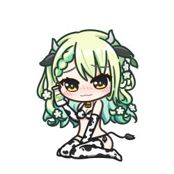 Rule 34 | 1girl, animal ears, animal print, bell, blush, bottle, bra, braid, ceres fauna, chibi, cow ears, cow horns, cow print, cow print bikini, cow tail, cowbell, english text, flower, green hair, hair flower, hair ornament, highres, hololive, hololive english, horns, long hair, looking at viewer, milk, milk bottle, mole, mole under eye, mpien, panties, print bikini, simple background, solo, tail, thighhighs, underwear, virtual youtuber, white background, yellow eyes