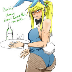 Rule 34 | 1girl, alcohol, annoyed, ass, blonde hair, blue eyes, blush, bottle, breasts, cup, drinking glass, embarrassed, from behind, leotard, long hair, looking at viewer, metroid, metroid: zero mission, nintendo, pantyhose, playboy bunny, ponytail, rabbit ears, rabbit tail, samus aran, sidelocks, sweatdrop, thighs, wine, wine bottle, wine glass