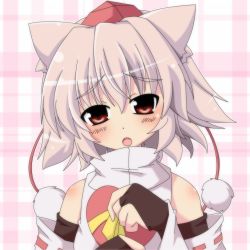 Rule 34 | 1girl, animal ears, bare shoulders, blush, detached sleeves, fang, fingerless gloves, gift, gloves, hat, heart, inubashiri momiji, looking at viewer, masiromu, open mouth, pom pom (clothes), red eyes, short hair, silver hair, solo, tokin hat, touhou, wolf ears