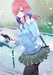 Rule 34 | 1girl, blue cardigan, blue eyes, book, breasts, cardigan, closed mouth, day, falling leaves, fingernails, go-toubun no hanayome, grass, hair between eyes, hand on headphones, headphones, headphones around neck, highres, holding, holding book, kuso bba, leaf, long hair, long sleeves, looking at viewer, medium breasts, nakano miku, outdoors, pantyhose, pavement, pink hair, shirt, skirt, solo, stairs, standing, thighs, white shirt