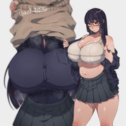 Rule 34 | 1girl, absurdres, ahoge, artist name, bare shoulders, black-framed eyewear, blunt bangs, blunt ends, blurry, blush, bra, breasts, brown eyes, buttons, cleavage, closed mouth, collarbone, commission, depth of field, feet out of frame, glasses, heart, highres, huge breasts, knee blush, long hair, multiple views, muroku (aimichiyo0526), no nose, outline, pocket, second-party source, semi-rimless eyewear, shoulder blush, sidelocks, simple background, skeb commission, sweat, thick thighs, thighs, tsurime, under-rim eyewear, underwear, white background, white bra, white outline, wing collar