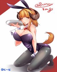 Rule 34 | 1girl, animal ears, bare shoulders, blonde hair, bow, bowtie, breasts, brown hair, cleavage, detached collar, fake animal ears, female focus, fox ears, fox tail, highres, horns, huge breasts, kneeling, looking at viewer, nana (mogs1225), orange hair, original, pantyhose, playboy bunny, rabbit ears, simple background, solo, tail, tray, waitress, wrist cuffs