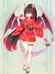 Rule 34 | 1girl, :d, black footwear, black hair, bow, breasts, candy apple, copyright request, dragon girl, dragon horns, dragon tail, floral print, flower, food, full body, gradient hair, hair bow, hair flower, hair ornament, highres, holding, holding food, horns, japanese clothes, kimono, long hair, long sleeves, medium breasts, multicolored hair, nail polish, obi, official art, open mouth, pinching sleeves, ponytail, print kimono, red bow, red eyes, red flower, red hair, red kimono, red nails, red wings, sandals, sash, shikito (yawa0w0), sleeves past wrists, smile, solo, standing, standing on one leg, tail, very long hair, wide sleeves, wings, zouri