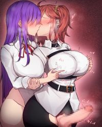 Rule 34 | 2girls, bb (fate), blush, breasts, censored, covered erect nipples, erection, fate/grand order, fate (series), fujimaru ritsuka (female), futa with female, futanari, highres, huge penis, kiss, large breasts, long hair, looking at viewer, mosaic censoring, multiple girls, nipple stimulation, nipple tweak, penis, pink background, ponytail, purple hair, red hair, rikuguma, torn clothes