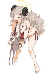 Rule 34 | 1girl, ahoge, armpit crease, barefoot, bikini, blue archive, blush, breasts, closed eyes, closed mouth, collarbone, full body, gomibako (gomibako price), grey hair, hair ornament, hairclip, highres, holding, horns, huge breasts, izumi (blue archive), izumi (swimsuit) (blue archive), leaning forward, legs, long hair, micro bikini, octopus, official alternate costume, parted bangs, red bikini, short eyebrows, simple background, solo, standing, swimsuit, tentacle grab, thighs, toes, tongue, tongue out, white background