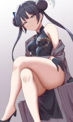 Rule 34 | 1girl, black dress, black footwear, black gloves, black hair, blue archive, breasts, china dress, chinese clothes, crossed legs, double bun, dress, gloves, grey background, grey eyes, grey jacket, hair bun, halo, highres, jacket, kisaki (blue archive), looking at viewer, sitting, small breasts, solo, striped clothes, striped jacket, thighs, twintails, vertical-striped clothes, vertical-striped jacket, yasojima nejiro
