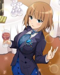 Rule 34 | 1girl, alcohol, blue eyes, blush, brave witches, breasts, brown hair, cup, drinking glass, formal, gundula rall, holding, holding cup, indoors, large breasts, looking at viewer, official art, open mouth, short hair, smile, solo, suit, upper body, wine, wine glass, world witches series
