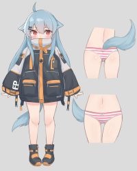 Rule 34 | 1girl, ahoge, animal ears, ass, bad id, bad pixiv id, black footwear, black jacket, blue hair, blush, boots, bow, bow panties, commentary request, covered mouth, cropped legs, fenrir (fenriluuu), gluteal fold, grey background, hair between eyes, hair ornament, hairclip, high collar, highres, jacket, light blue hair, long hair, long sleeves, multiple views, navel, original, panties, pigeon-toed, red eyes, rir-chan, simple background, sleeves past wrists, standing, striped clothes, striped panties, tail, underwear, underwear only, very long hair