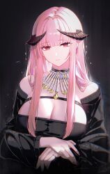 Rule 34 | 1girl, absurdres, bare shoulders, black background, breasts, brown horns, closed mouth, highres, horns, jewelry, large breasts, leria v, light smile, long hair, looking at viewer, original, pink hair, red eyes, ring, simple background, solo, upper body