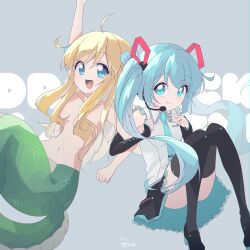 Rule 34 | 2girls, :d, absurdres, ahoge, blonde hair, blue eyes, blue hair, boots, crossover, detached sleeves, fang, hatsune miku, headset, highres, jashin-chan, jashin-chan dropkick, lamia, locked arms, long hair, monster girl, multiple girls, necktie, open mouth, potoio, simple background, sitting, sleeveless, smile, thigh boots, topless, twintails, vocaloid