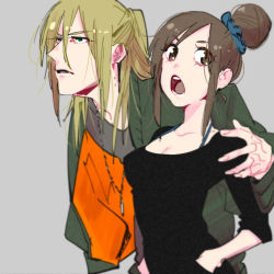 Rule 34 | 10s, 1boy, 1girl, aged up, bad id, bad pixiv id, blonde hair, breasts, brown eyes, brown hair, cleavage, con potata, green eyes, hair bun, hair ornament, hair scrunchie, hand on another&#039;s shoulder, jewelry, necklace, nishigoori lutz, open mouth, scrunchie, simple background, single hair bun, yuri!!! on ice, yuri plisetsky