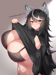 Rule 34 | 1girl, animal ears, black hair, blush, breasts, clothes lift, grey eyes, hair between eyes, heart, highres, large breasts, long hair, motion lines, multicolored hair, original, shirt lift, solo, streaked hair, sweat, symbol-shaped pupils, turtleneck, two-tone bra, tylwing