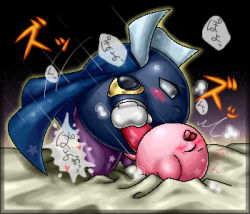 Rule 34 | 1boy, 1other, ^^^, armor, bed, black background, blush, cape, closed eyes, colored skin, face-to-face, unworn footwear, gloves, gradient background, grey eyes, holding another&#039;s foot, japanese text, kirby, kirby (series), kurobedamu, looking at another, lowres, mask, unworn mask, meta knight, missionary, mittens, moaning, motion lines, nintendo, no humans, open mouth, pauldrons, penis, purple background, rough sex, sex, shoulder armor, size difference, star (symbol), steam, tearing up, tongue, tongue out, translated