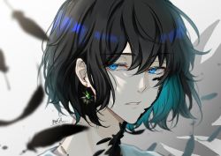 Rule 34 | 1boy, aqua hair, bishounen, black feathers, black hair, blue eyes, earrings, feathers, girly boy, glowing, glowing earrings, highres, jewelry, lens flare, light rays, long neck, looking at viewer, makura wet, male focus, multicolored hair, portrait, short hair, solo, sparkle, two-tone hair, wet, wet hair