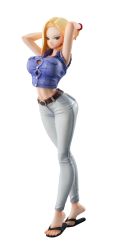 Rule 34 | 1girl, absurdres, android 18, arms behind head, blonde hair, blue eyes, bracelet, breasts, curvy, dragon ball, dragonball z, earrings, feet, flip-flops, full body, highres, hip focus, jewelry, large breasts, looking at viewer, navel, sandals, simple background, stomach, thighs, toes, white background, wide hips