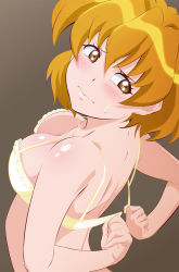 Rule 34 | 1girl, bra, breasts, brown background, brown eyes, brown hair, closed mouth, collarbone, dressing, fresh precure!, fuchi (nightmare), gradient background, highres, large breasts, looking at viewer, looking back, precure, short hair, solo, sweatdrop, underwear, underwear only, upper body, wavy mouth, yamabuki inori, yellow bra