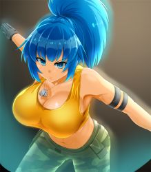 Rule 34 | 1girl, armlet, bare shoulders, black gloves, blue eyes, blue hair, breasts, camouflage, cleavage, dog tags, female focus, gloves, honda takaharu, large breasts, leona heidern, matching hair/eyes, ponytail, sleeveless, solo, tank top, the king of fighters, the king of fighters xiv, the king of fighters xv, yellow tank top