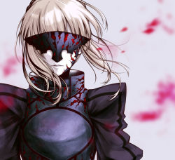 Rule 34 | 1girl, armor, artoria pendragon (all), artoria pendragon (fate), blurry, blurry background, covered eyes, facing viewer, fate/stay night, fate (series), floating hair, grey background, highres, medium hair, no mae (mikakatachi), parted lips, saber alter, saber class (fate), silver hair, solo, upper body