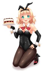 Rule 34 | 1girl, :d, aqua eyes, ascot, black footwear, black gloves, blonde hair, blunt bangs, bow, breasts, cake, choker, cleavage, elbow gloves, fingerless gloves, food, full body, gloves, hand on own hip, high heels, highres, kneeling, leotard, looking at viewer, medium breasts, nottytiffy, open mouth, pantyhose, plate, playboy bunny, saionji usagi, shoes, short hair, simple background, smile, solo, taimadou gakuen 35 shiken shoutai, thighs, white background, wrist cuffs