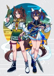 Rule 34 | 2girls, adapted costume, animal ears, aqua eyes, bare shoulders, between fingers, blue hair, blue nails, brown hair, chinese clothes, clothing cutout, commentary request, cropped jacket, daitaku helios (umamusume), dress, earrings, full body, fur-trimmed jacket, fur trim, hair ornament, hairclip, hand up, highres, holding, holding sword, holding weapon, horse ears, horse girl, horse tail, jacket, jewelry, long hair, long sleeves, mejiro palmer (umamusume), multiple girls, nail polish, navel cutout, off shoulder, polearm, ponytail, rope, shoes, smile, spear, suzikoooo73, sword, tail, umamusume, weapon, weapon on back, white hair, yellow eyes