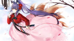 Rule 34 | 1girl, animal ear fluff, animal ears, bad id, bad twitter id, bare tree, black ribbon, blue hair, blurry, blurry foreground, character request, closed mouth, commentary request, depth of field, emyo, eyelashes, finger ribbon, floating hair, flower, footprints, fox ears, fox girl, fox tail, frown, hair flower, hair ornament, hanbok, hand up, highres, kardia diary, kitsune, korean clothes, korean commentary, long hair, long sleeves, looking at viewer, looking up, outdoors, petals, pink skirt, ponytail, red flower, red ribbon, ribbon, sidelocks, skirt, skirt hold, sleeve cuffs, smile, snow, solo, standing, tail, tassel, traditional clothes, tree, very long hair, wind, winter, yellow eyes