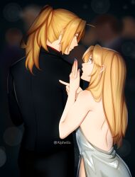 Rule 34 | 1boy, 1girl, absurdres, aiphelix, alternate costume, back, back focus, backless dress, backless outfit, bare back, bare shoulders, black suit, blonde hair, blue eyes, blue nails, couple, dress, edward elric, evening gown, formal, fullmetal alchemist, highres, jewelry, long hair, looking at another, looking at viewer, looking back, ponytail, ring, silver dress, suit, upper body, winry rockbell, yellow eyes