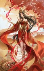 Rule 34 | 1girl, absurdres, arm up, bad link, bare legs, bare shoulders, barefoot, bracelet, cai lin (doupo cangqiong), closed mouth, doupo cangqiong, dress, earrings, han shi reina, highres, jewelry, long hair, looking to the side, mountain, pointy ears, red dress, ripples, smile, solo, tiara, water